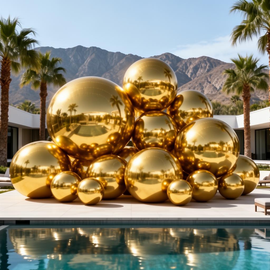 Gold mirror sphere installation by poolside